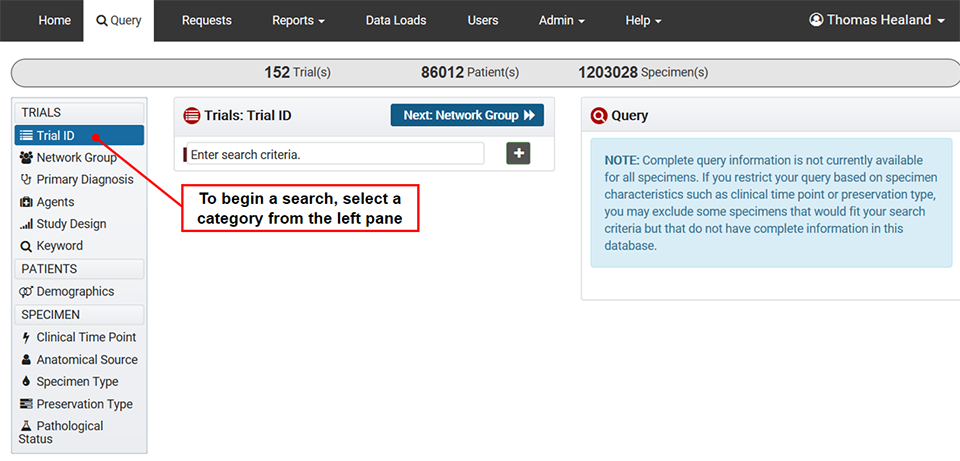 Select a search category from the left pane