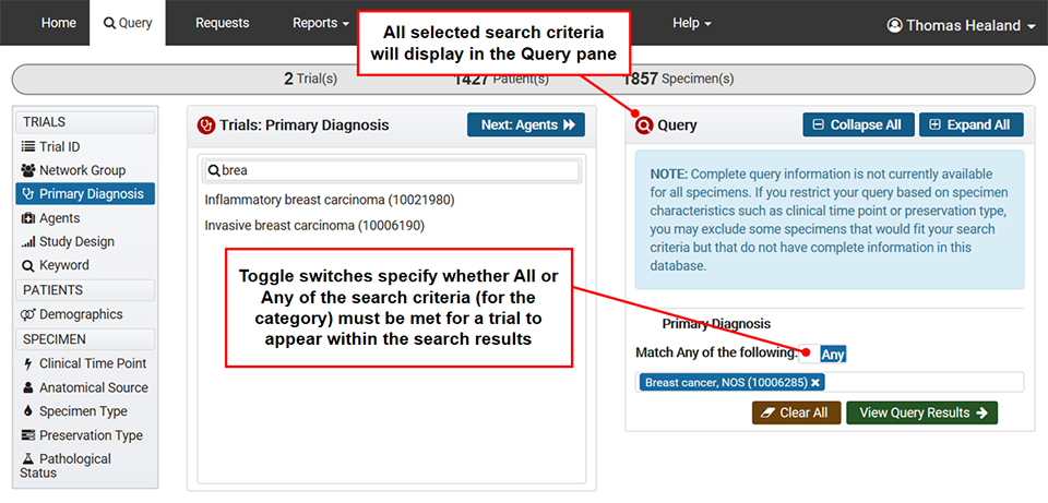Selected criteria will display in the right Query pane