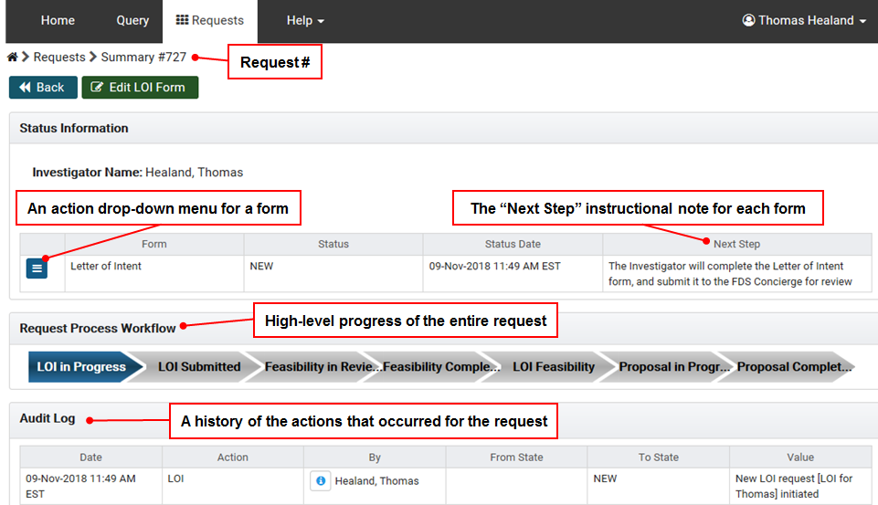 The Summary page for a Navigator request.
