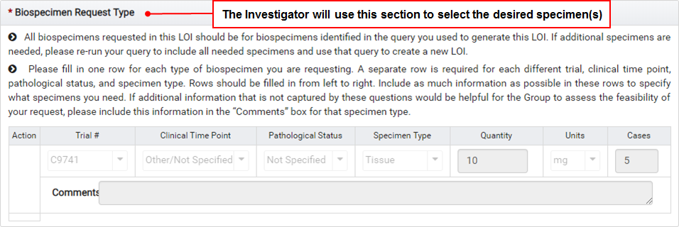 The "Biospecimen Request Type" Section