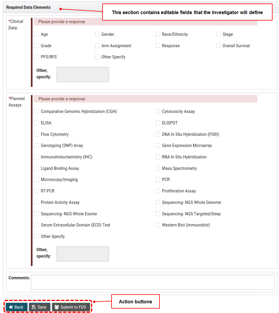 The Required Data Elements section and action buttons for the LOI form.
