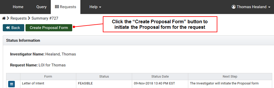 Click the Create Proposal Form button to initiate the form