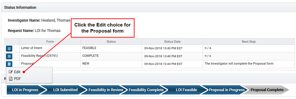 Click the Edit choice for the Proposal Form