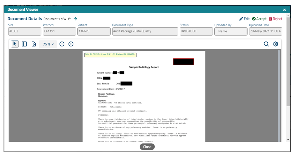 Document Details screen showing selected document with annotation and redactions
