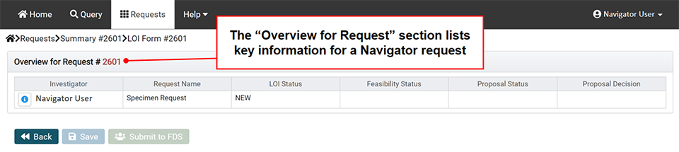 The 'Overview for Request' Section of the LOI Form