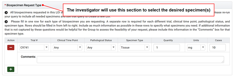 The 'Biospecimen Request Type' Section
