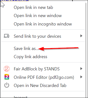 Drop-down menu after right-clicking on link from step 1 with red arrow pointing at Save link as... option.